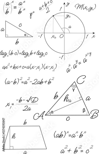 Mathematical Formulas and Geometric Shapes on Graph Paper. Handwritten Vector Illustration