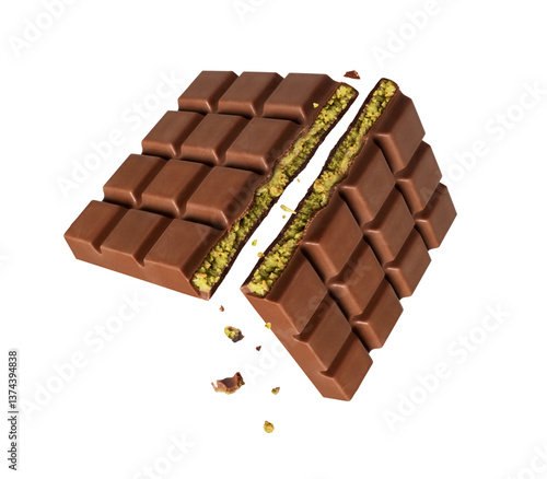 Photography Dubai chocolate broken into two halves in the air isolated on white background