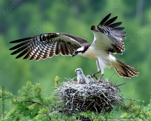 An osprey with outstretched wings stands protectively over its two chicks in a nest, set against a lush green background.
