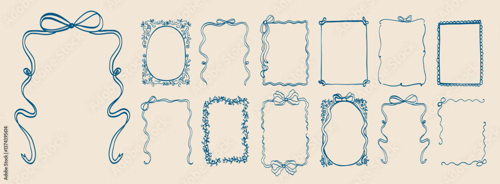 Set of doodle border with bows frame design. Vintage ribbon line art corner sketch. Hand drawn coquette trendy cute wedding, menu, birthday invitation borders card template. Vector outline illustratio