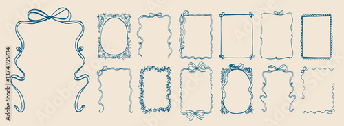 Set of doodle border with bows frame design. Vintage ribbon line art corner sketch. Hand drawn coquette trendy cute wedding, menu, birthday invitation borders card template. Vector outline illustratio