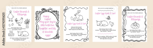 Set of happy Easter card background in hand drawn line art. Spring design doodle outline graphic. Coquette whimsical greeting cards. Vector outline illustration