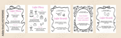 Set of happy Easter card background in hand drawn line art. Spring design doodle outline graphic. Coquette whimsical greeting cards. Vector outline illustration