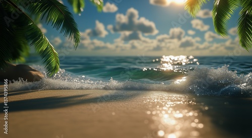 Waves Gently Lap at the Sandy Shore Beneath Swaying Palm Leaves in a Tropical...