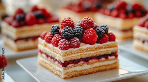 Delicious Berry Cake Slices Displayed on White Plates at a Dessert Gathering ...