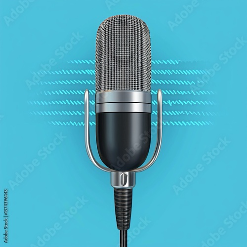 Microfono dallo stile classico su uno sfondo azzurro. È in posizione verticale ed è accompagnato da linee stilizzate che suggeriscono il suono o le onde sonore che escono dal microfono.