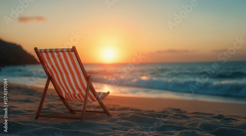 Relaxing Beach Chair Overlooking Sunset on Calm Ocean Waves