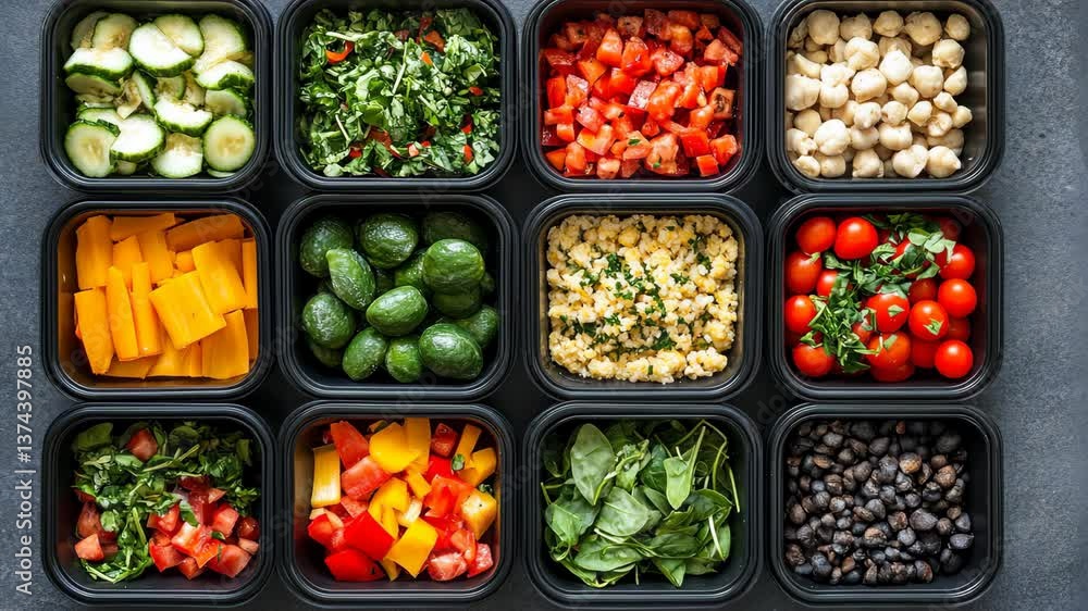 A flat lay of meal prep containers filled with colorful, healthy ingredients. digital A flat lay of meal prep containers filled with colorful, healthy ingredients. digital