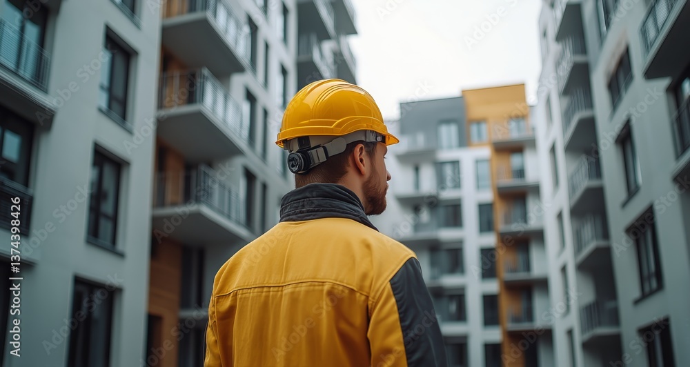 Construction Worker Observes High-Rise Buildings Under Cloudy Sky in Urban Setting Construction Worker Observes High-Rise Buildings Under Cloudy Sky in Urban Setting
