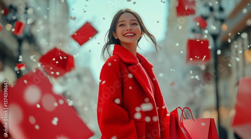 Joyful Shopper in Red Coat Surrounded by Falling Confetti and Gifts in a Fest...