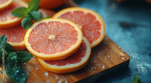 Grapefruit and Fresh Mint on a Wooden Board in Soft Sunlight