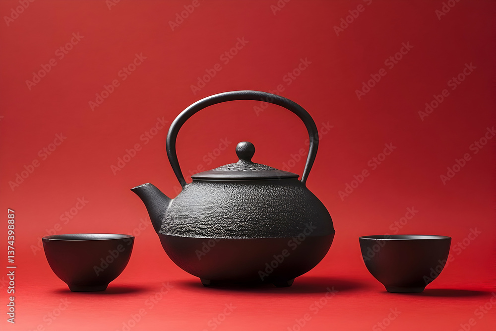 Traditional tea ceremony setup featuring a black cast iron teapot and cups against a rich red background Traditional tea ceremony setup featuring a black cast iron teapot and cups against a rich red background