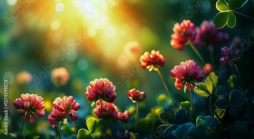 Colorful Flowers Basking in Golden Sunlight During a Serene Morning in a Lush...