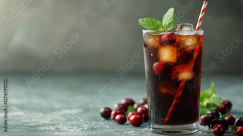 Refreshing Berry Drink With Ice and Mint Served in a Tall Glass During a Summ...