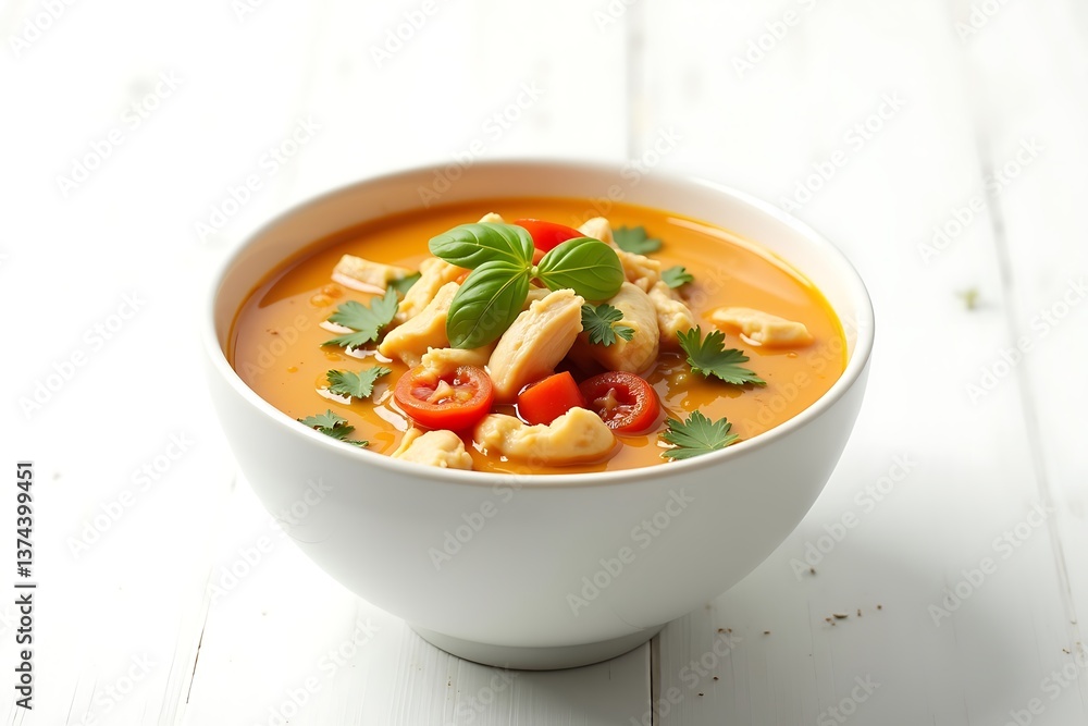 Creamy Chicken Tomato Soup vibrant orange broth fresh basil parsley garnish in white bowl Creamy Chicken Tomato Soup vibrant orange broth fresh basil parsley garnish in white bowl