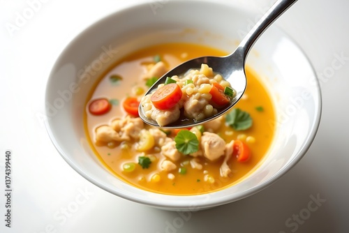Delicious chicken noodle soup warm broth carrots pasta a spoonful of comfort food in a bright white
