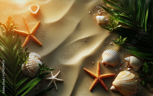 Starfish and Seashells on Sandy Beach With Ocean View at Sunset