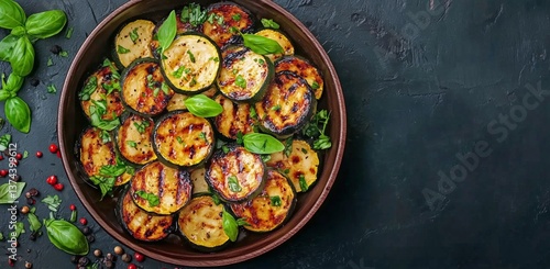 Grilled Zucchini Slices Garnished With Fresh Basil and Spices on a Dark Rusti...