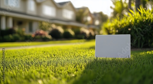 Blank Sign Placed on Lush Green Lawn During Evening Hours Beside a Cozy Home ...