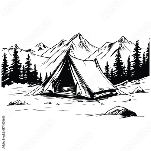 tent in the mountains sketch illustration