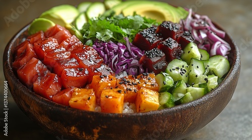 Freshly Prepared Sushi Bowl With Salmon, Vegetables, and Rice Garnished With ...