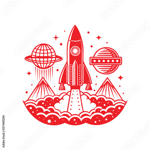 Vintage Rocket Launch Illustration Retro 1950s Sci-Fi Space Travel Sketch Vector