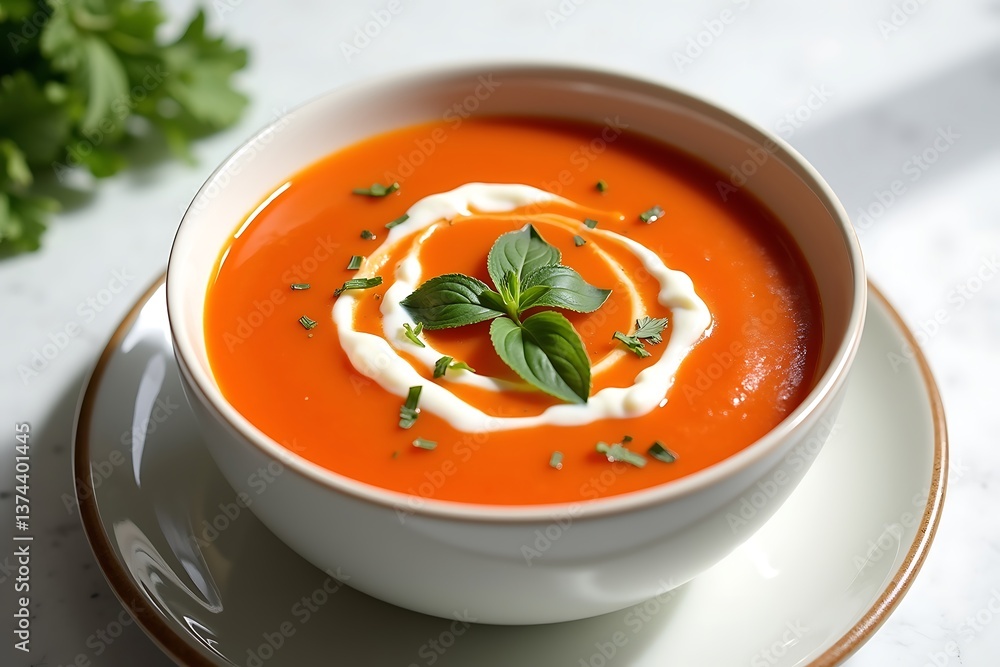 Creamy carrot soup vibrant orange garnished with basil and a swirl of cream in soft natural light Creamy carrot soup vibrant orange garnished with basil and a swirl of cream in soft natural light