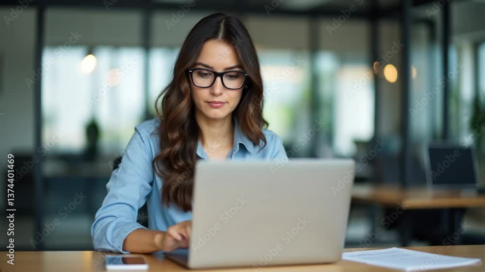 Focused Woman Working on Laptop in Modern Office Environment, Remote Work Concept Focused Woman Working on Laptop in Modern Office Environment, Remote Work Concept