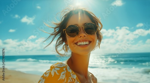 Smiling Woman Enjoying Sunny Beach Day With Ocean Waves and Bright Blue Sky