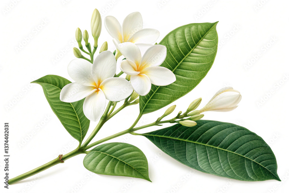 A sprig of white jasmine flowers with delicate petals, accompanied by green leaves and buds, presented on a clean white background. A sprig of white jasmine flowers with delicate petals, accompanied by green leaves and buds, presented on a clean white background.