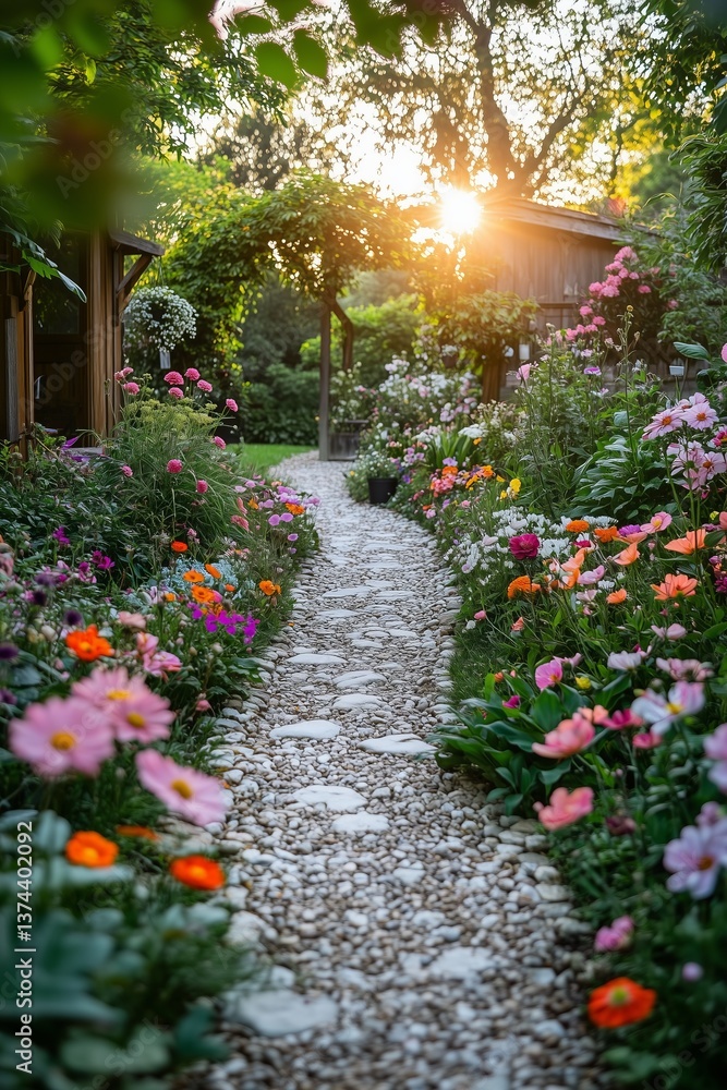 Naklejka premium Gravel path winding through a vibrant flower garden at sunset