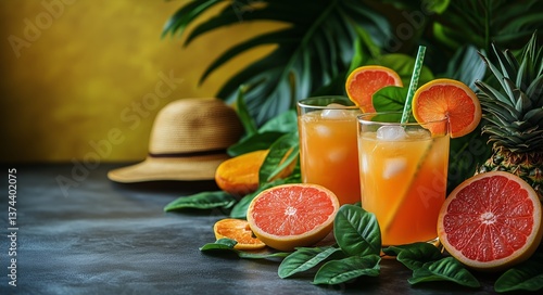 Fresh Tropical Drinks With Citrus Fruits and Hat on Yellow Background