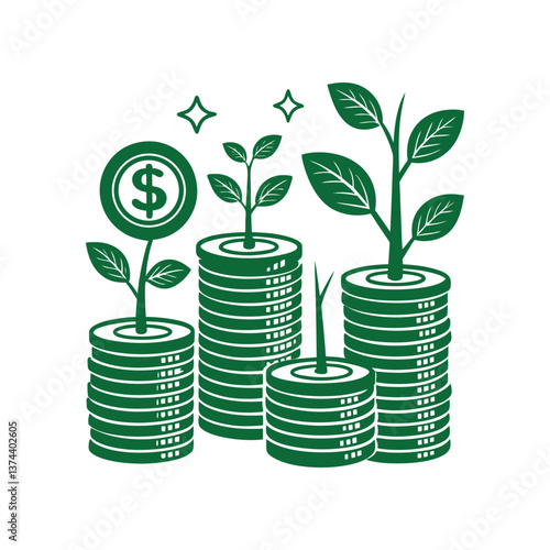 Hand Drawn Vector Black and White Illustration Stacks of Coins with Money Plant Symbolizing Financial Growth 