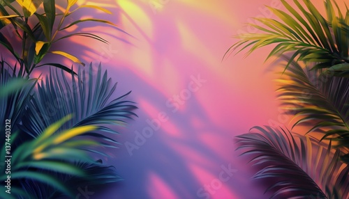 Colorful Light Rays Filtering Through Tropical Leaves at Sunset