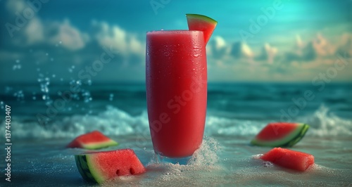 Refreshing Watermelon Drink on Sandy Beach at Sunset
