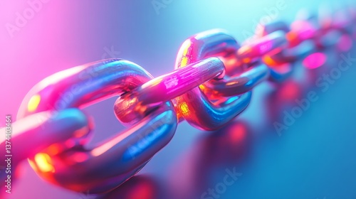 A sleek, high-definition 3D metallic chain with vibrant data light running through each link, placed against a soft gradient background of blue fading into light grey