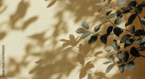 Sunlight Casts Intricate Shadows From a Plant Onto a Warm Wall in a Cozy Indo...