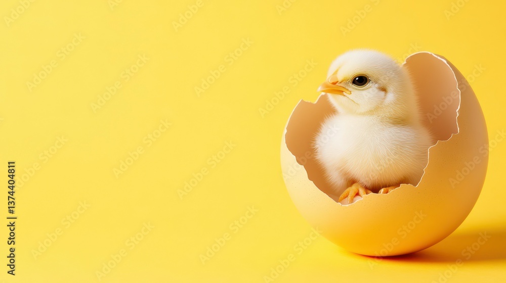 Tiny Chick's Hatching: A close-up capture of a newly hatched chick nestled within its eggshell, a symbol of new beginnings and the beauty of nature. against the backdrop of a yellow color.