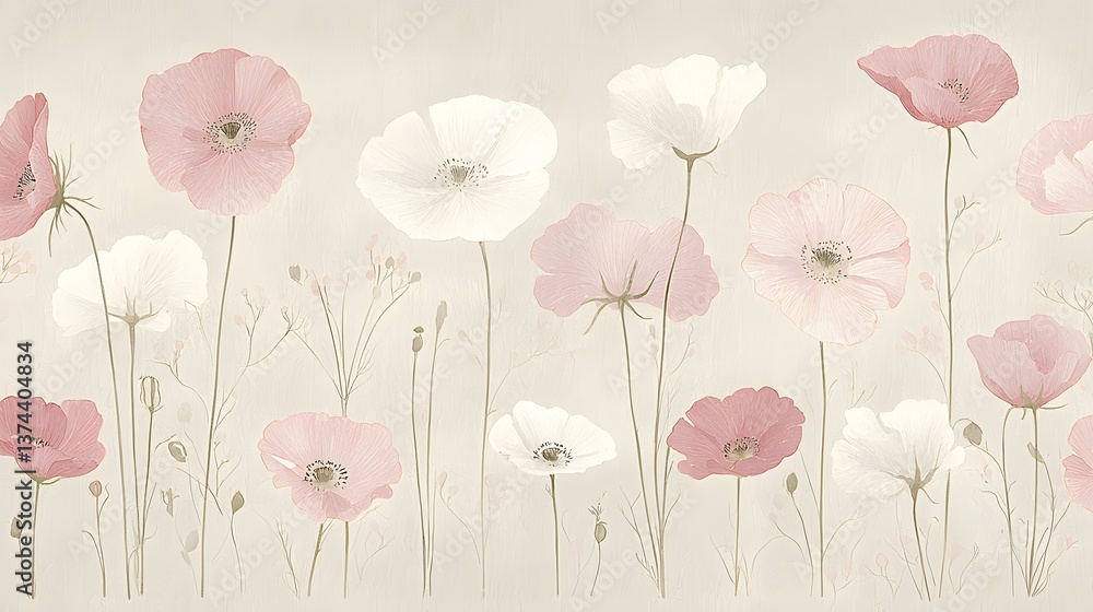 Obraz premium Poppies pink, white field blossom. Background art for website, cards, invitation, decor use