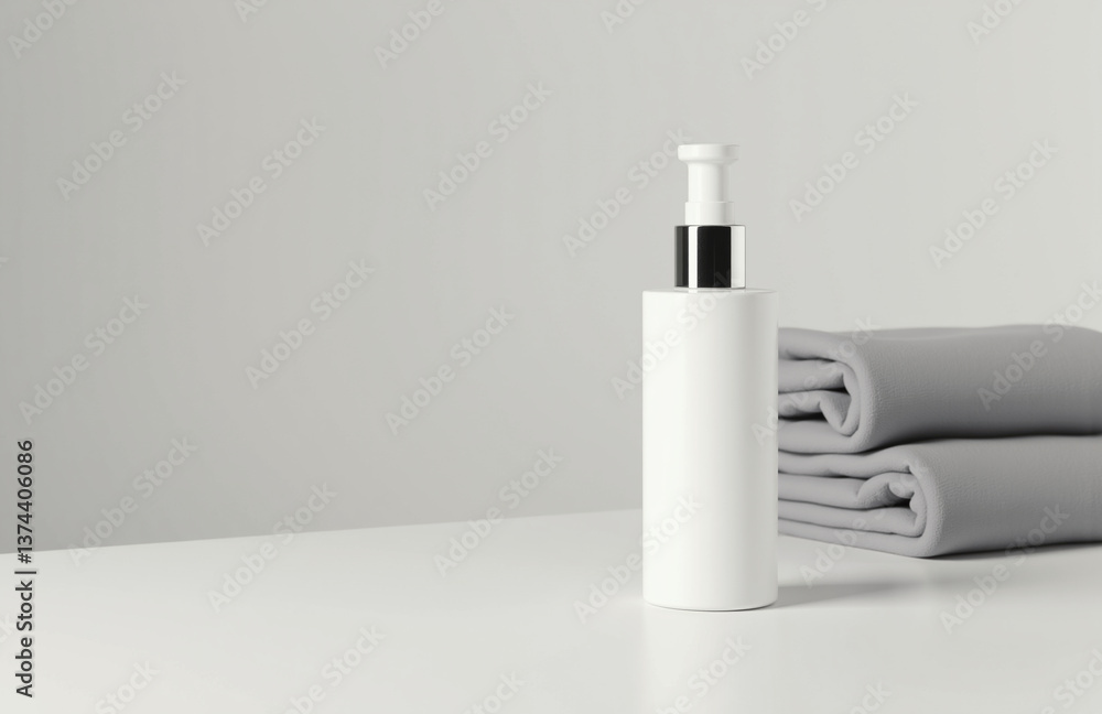 A sleek, white cylindrical lotion bottle with a shiny silver pump A sleek, white cylindrical lotion bottle with a shiny silver pump