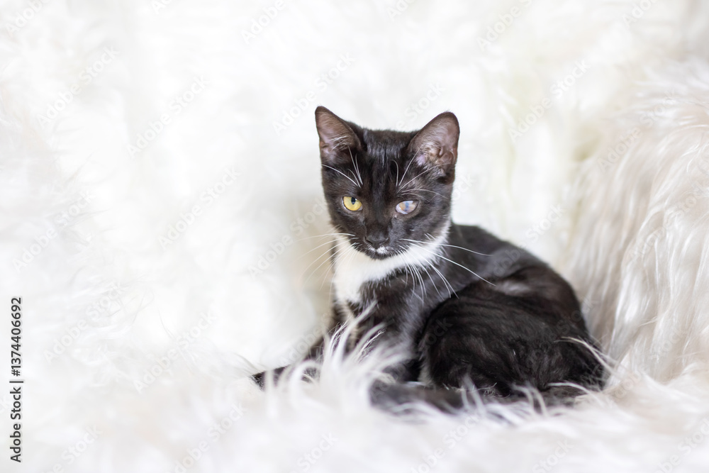 A black and white cat is patiently sitting on a soft white blanket A black and white cat is patiently sitting on a soft white blanket
