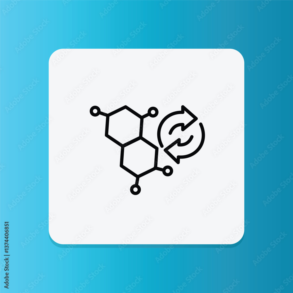 Minimalist thin line icon of a chemical molecule with a circular refresh symbol. Suitable for biochemistry, molecular science, drug development, and metabolism concepts. Minimalist thin line icon of a chemical molecule with a circular refresh symbol. Suitable for biochemistry, molecular science, drug development, and metabolism concepts.