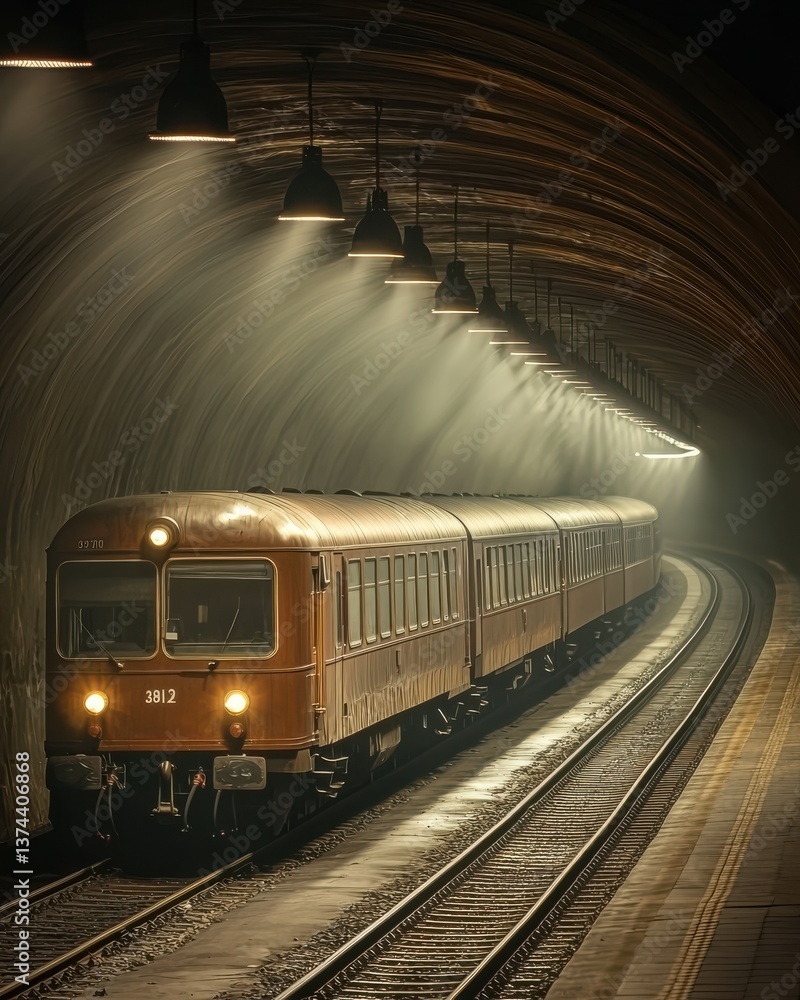 Naklejka premium Illuminated Train Emerging from Dark Tunnel Under Dramatic Light, Travel Concept