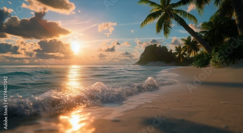 Waves Gently Lap at the Sandy Shore Beneath Swaying Palm Leaves in a Tropical...