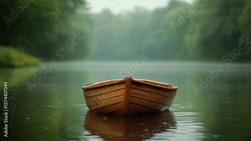 Calm Wooden Boat Floating on Serene Lake Surrounded by Misty Trees in Early M...