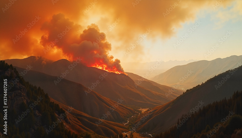 Fototapeta premium Mountain landscape with wildfire smoke and flames