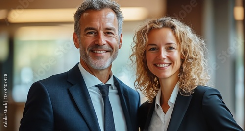 Professional Couple Smiling Together in Modern Office Setting During Daytime
