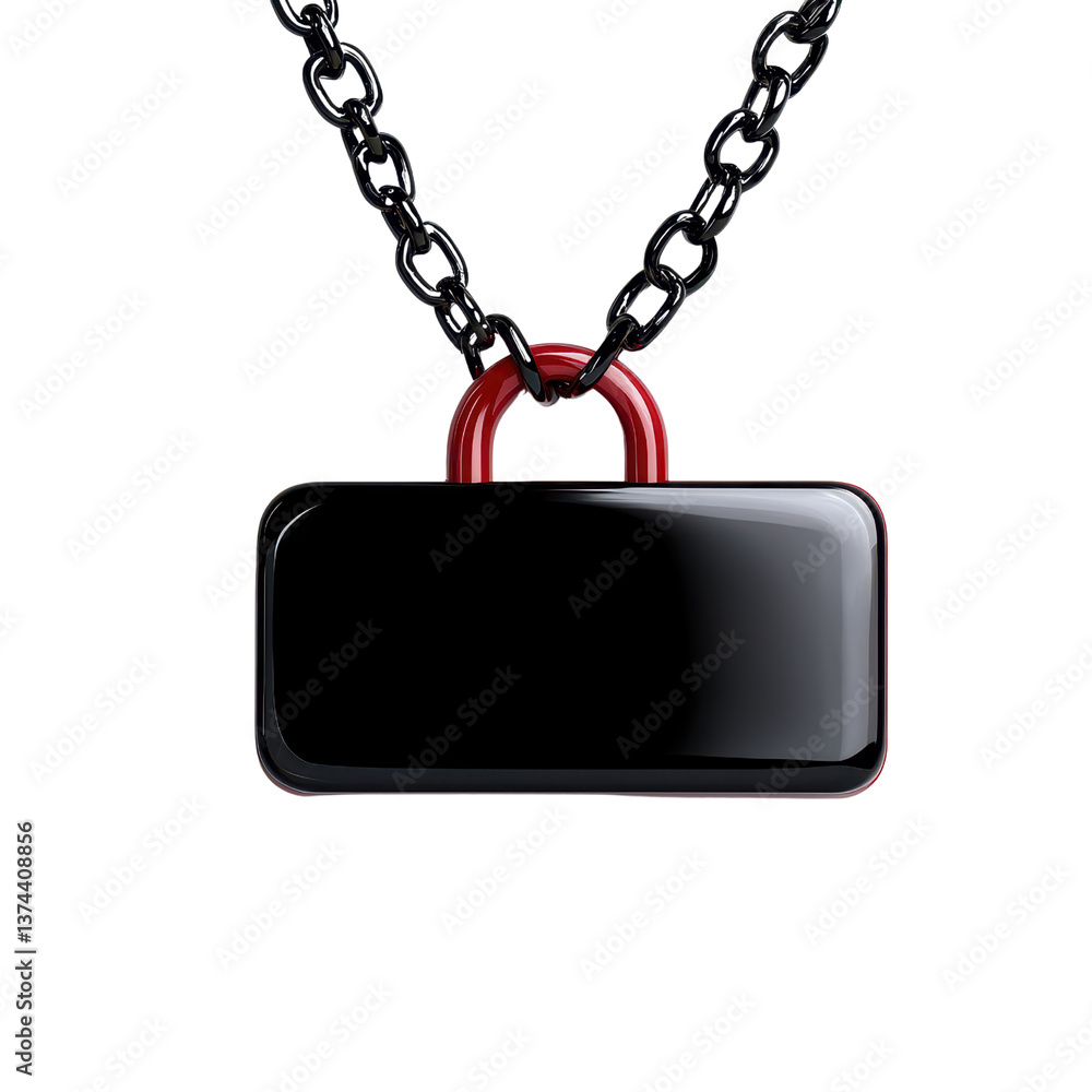 Fototapeta premium Black padlock pendant on a chain against a dark background.