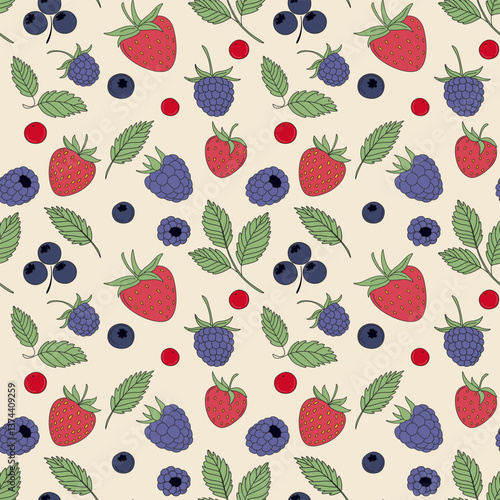 Red blue Berry fruit seamless vector Pattern. Strawberry, blackberry, raspberry, blueberry, currant, leaves cartoon flat illustration. Summer berries background. Pattern for packaging design, textile