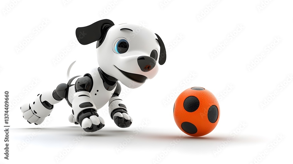 Naklejka premium Robot dog chasing ball in clean white background. Future toy, pet tech for kids